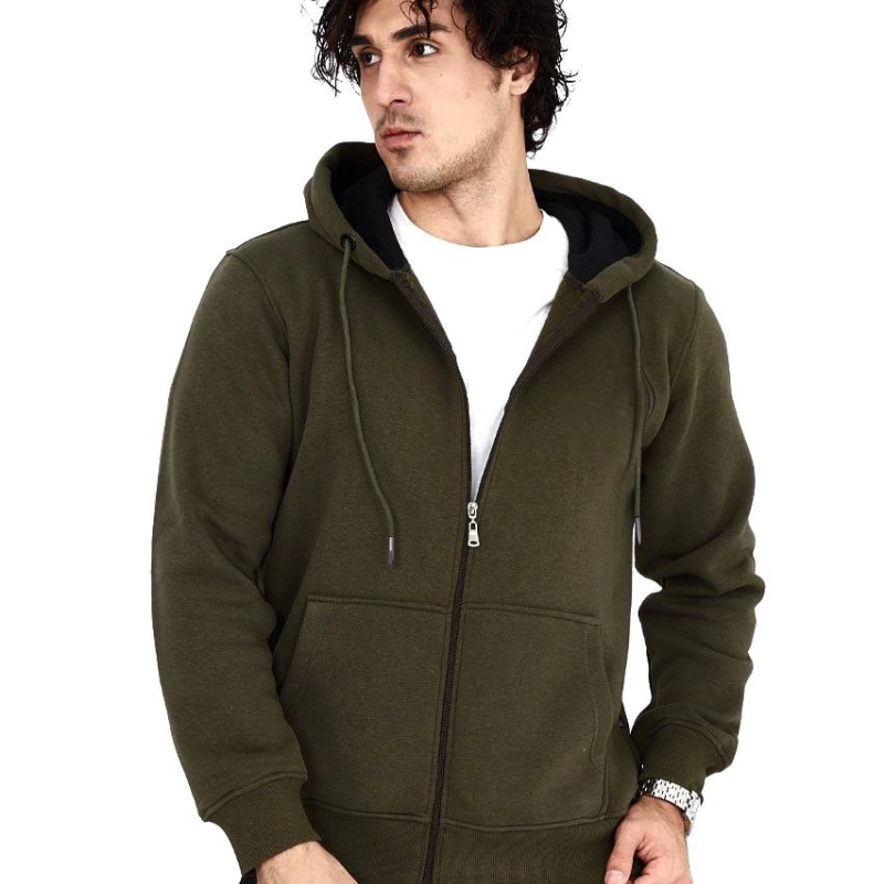 Tam Fermuarlı Kapşonlu  SweatShirt - Haki -